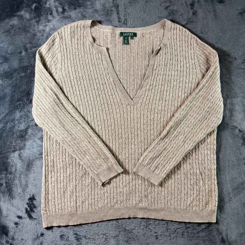 Lauren Ralph Lauren Womens‎ 3X Tan Silk Cashmere Cable Knit Deep V-Neck Sweater - Picture 7 of 10